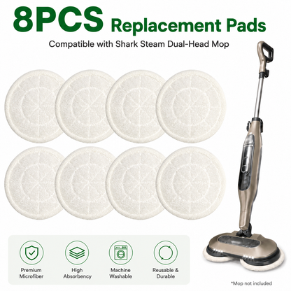 Style 2 Shark Steam Dual-Head Mop Replacement Pads 8 Pack - 7.5 Inch Reusable Round Microfiber Scrubbing Pads Compatible with Shark S7000, S7201, S8001, S8201, S7001, S7000AMZ, S7001TGT, S7005, S7020