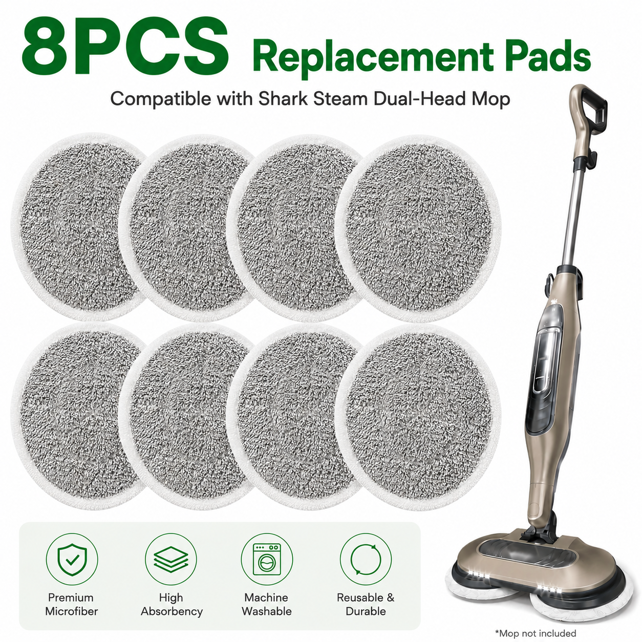 Style 3 Shark Steam Dual-Head Mop Replacement Pads 8 Pack - 7.5 Inch Reusable Round Microfiber Scrubbing Pads Compatible with Shark S7000, S7201, S8001, S8201, S7001, S7000AMZ, S7001TGT, S7005, S7020