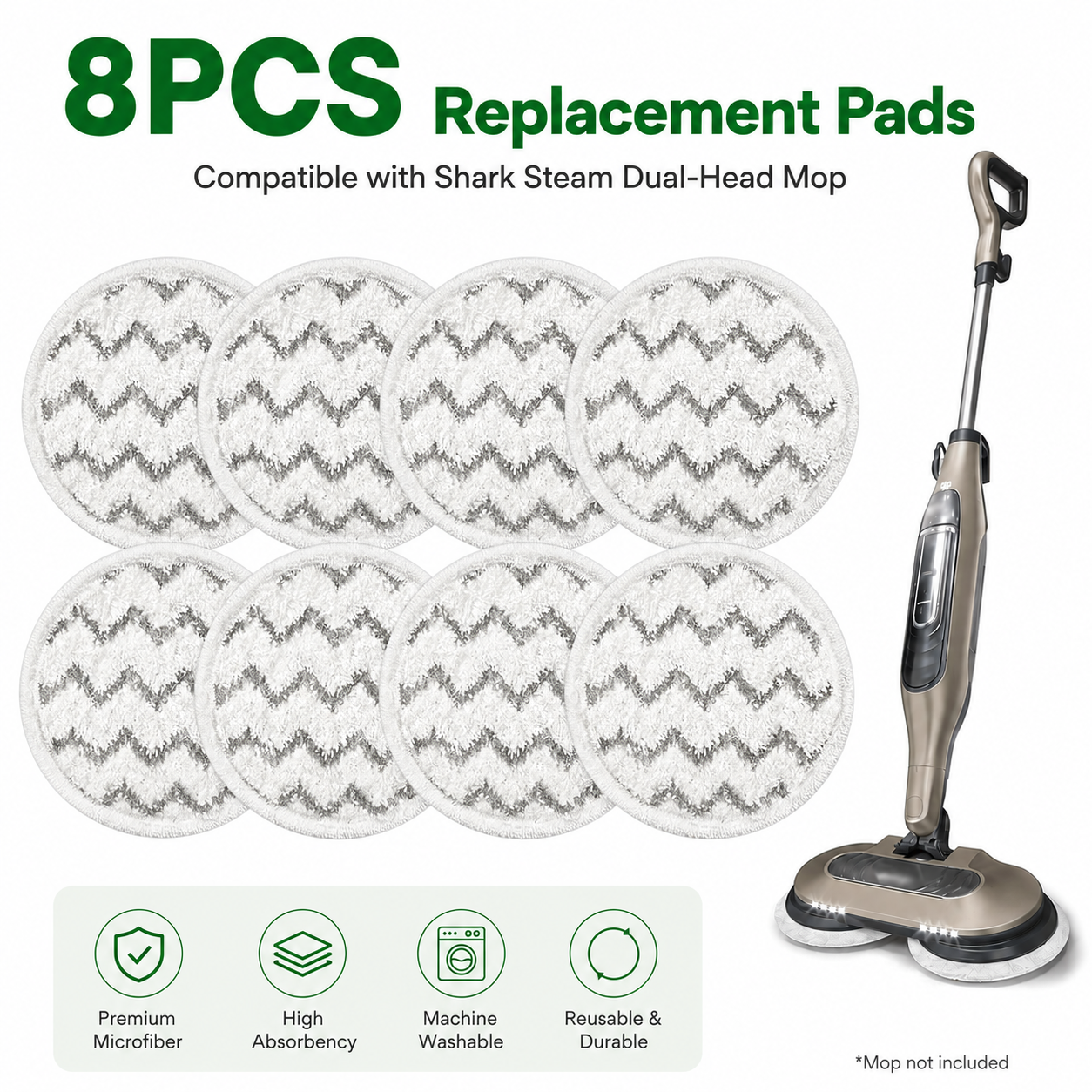 Style 5 Shark Steam Dual-Head Mop Replacement Pads 8 Pack - 7.5 Inch Reusable Round Microfiber Scrubbing Pads Compatible with Shark S7000, S7201, S8001, S8201, S7001, S7000AMZ, S7001TGT, S7005, S7020