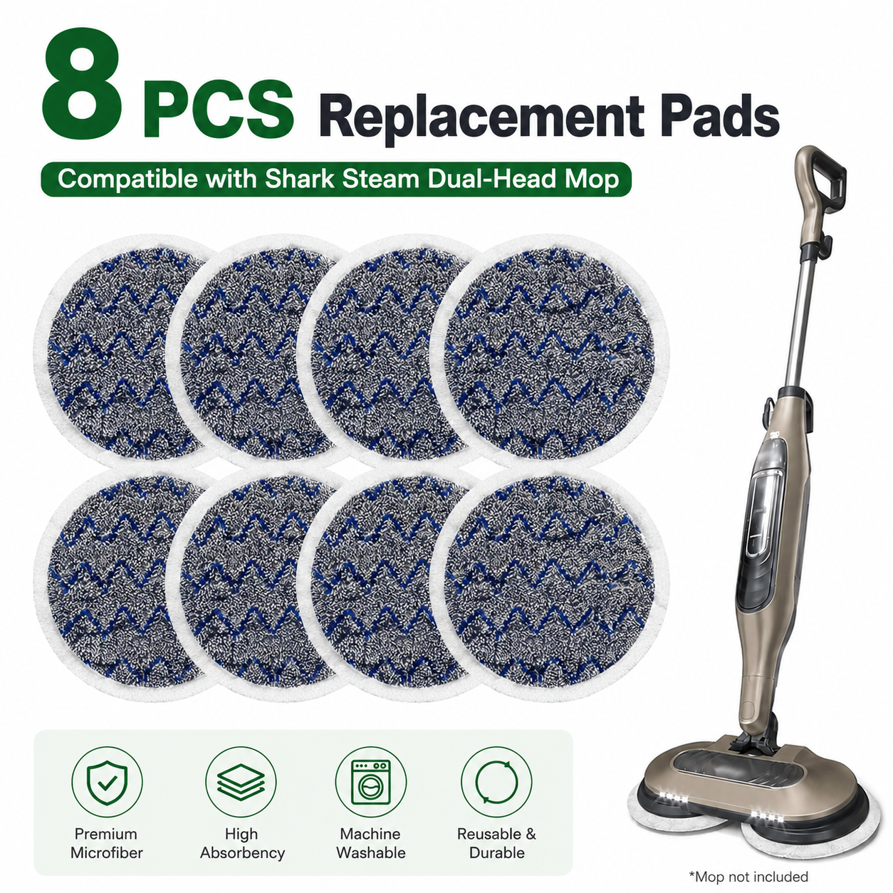 Style 6 Shark Steam Dual-Head Mop Replacement Pads 8 Pack - 7.5 Inch Reusable Round Microfiber Scrubbing Pads Compatible with Shark S7000, S7201, S8001, S8201, S7001, S7000AMZ, S7001TGT, S7005, S7020