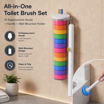 Disposable Toilet Brush Set with 14 Preloaded Cleaning Refill Heads & Wall Mounted Storage Holder - 360° Rotating Brush Head, One-Button Release and Long Handle for Hygienic Bathroom Cleaning
