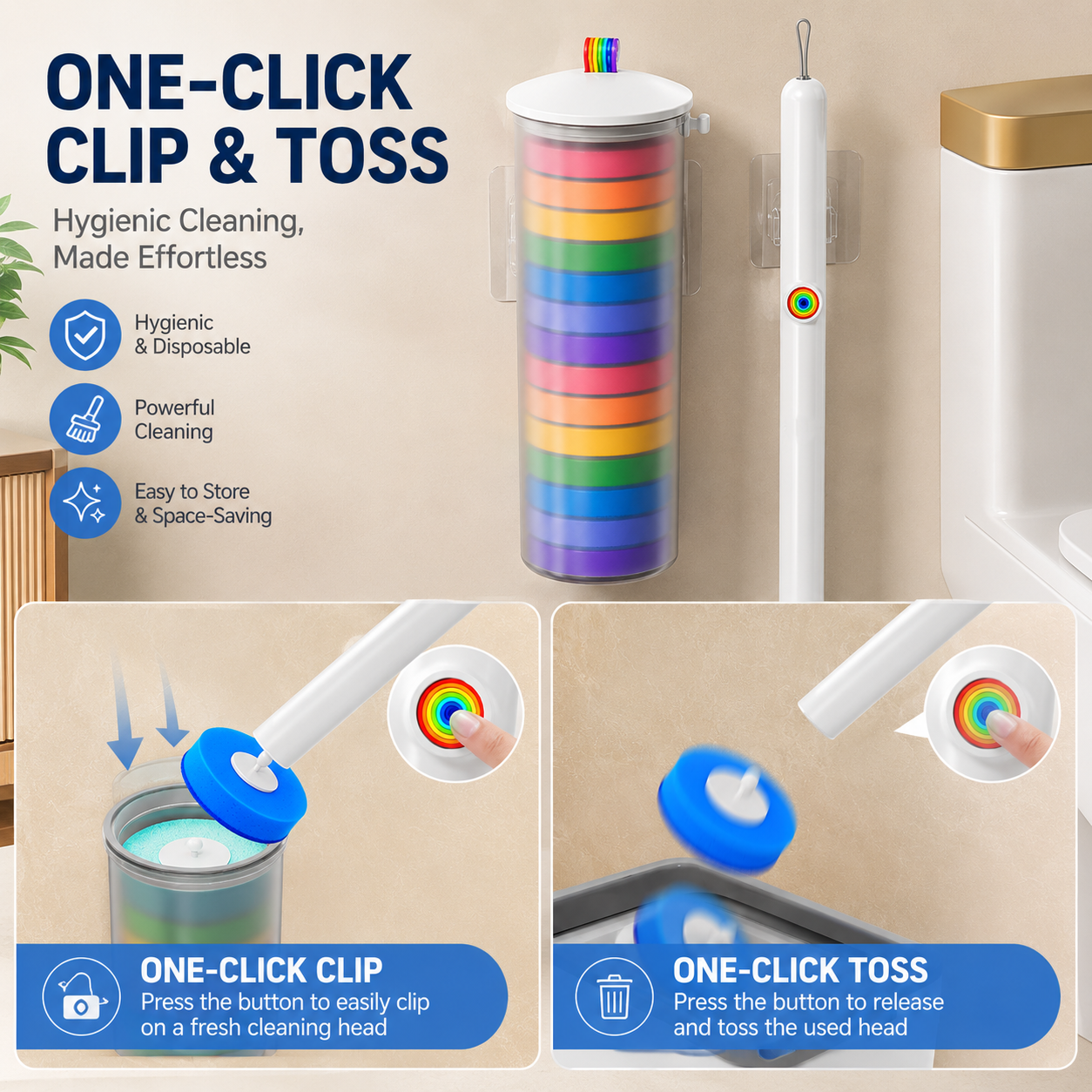 Disposable Toilet Brush Set with 14 Preloaded Cleaning Refill Heads & Wall Mounted Storage Holder - 360° Rotating Brush Head, One-Button Release and Long Handle for Hygienic Bathroom Cleaning