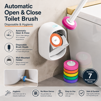 Automatic Flip-Open Disposable Toilet Brush Set with 7 Cleaning Refill Heads, Wall Mounted Storage, One-Button Hygienic Release, 360° Rotating Deep Cleaning, 51cm Long Handle Bathroom Toilet Cleaner