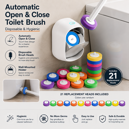 Automatic Flip-Open Disposable Toilet Brush Set with 21 Cleaning Refill Heads, Wall Mounted Storage, One-Button Hygienic Release, 360° Rotating Deep Cleaning, 51cm Long Handle Bathroom Toilet Cleaner