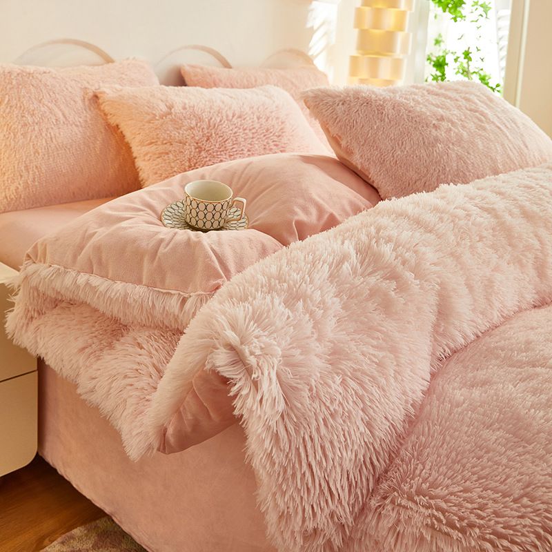 Pink Luxury Thick Plush 4 Piece Bedding Set for 1.5m & 1.8m Beds – Winter Ultra Soft Warm Bedding with Double-Sided Faux Mink Fur & Crystal Velvet, includes 200 x 230CM Quilt Cover, 230 X 250cm Flat Sheet and 2PCS  48 × 74CM Pillowcases