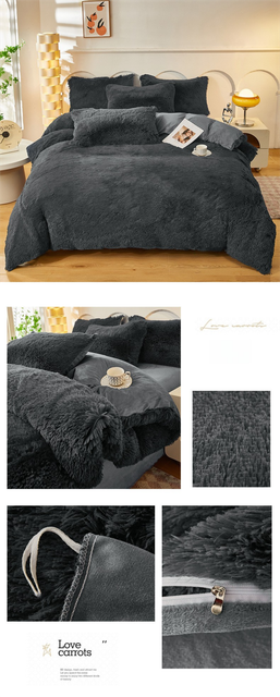 Dark Grey Luxury Thick Plush 4 Piece Bedding Set for 1.5m & 1.8m Beds – Winter Ultra Soft Warm Bedding with Double-Sided Faux Mink Fur & Crystal Velvet, includes 200 x 230CM Quilt Cover, 230 X 250cm Flat Sheet and 2PCS  48 × 74CM Pillowcases
