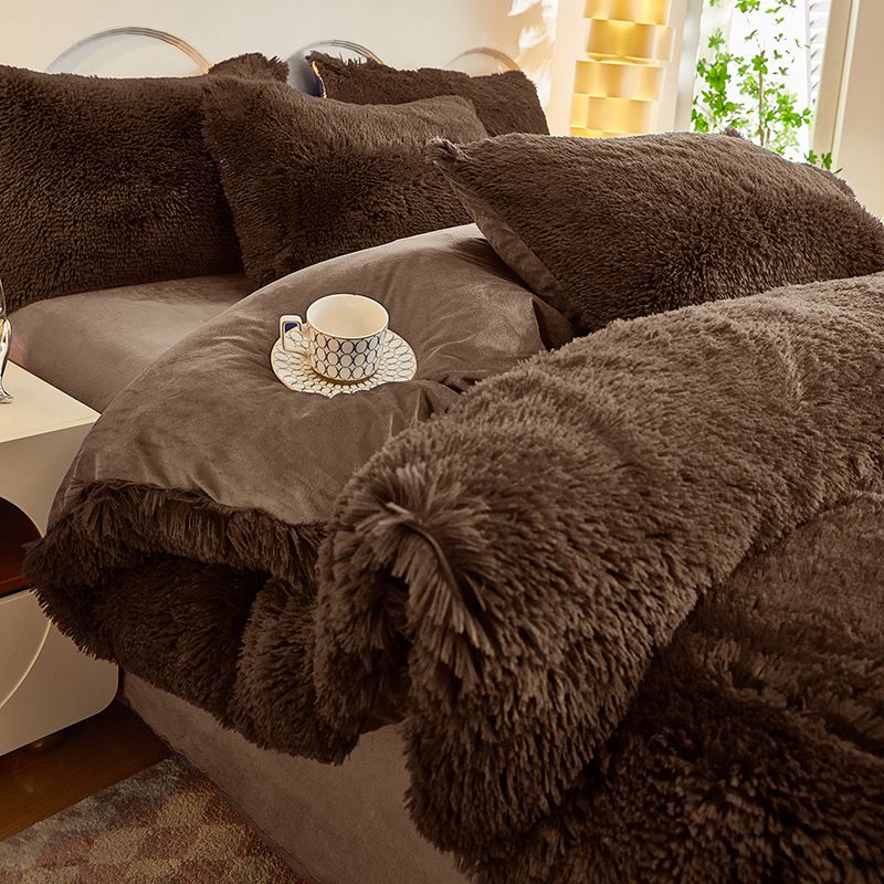 Coffee Luxury Thick Plush 4 Piece Bedding Set for 1.5m & 1.8m Beds – Winter Ultra Soft Warm Bedding with Double-Sided Faux Mink Fur & Crystal Velvet, includes 200 x 230CM Quilt Cover, 230 X 250cm Flat Sheet and 2PCS  48 × 74CM Pillowcases