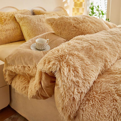 Khaki Luxury Thick Plush 4 Piece Bedding Set for 1.5m & 1.8m Beds – Winter Ultra Soft Warm Bedding with Double-Sided Faux Mink Fur & Crystal Velvet, includes 200 x 230CM Quilt Cover, 230 X 250cm Flat Sheet and 2PCS  48 × 74CM Pillowcases