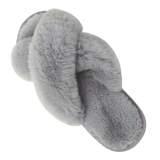 Cozy Winter Home Essentials Set - Grey 1 Pair Women's Plush Cross Band Faux Fur Slippers S Size & 2 Pairs Cute Teddy Bear Fuzzy Socks Set, Warm Indoor Lounge Gift Bundle with Non-Slip House Slides