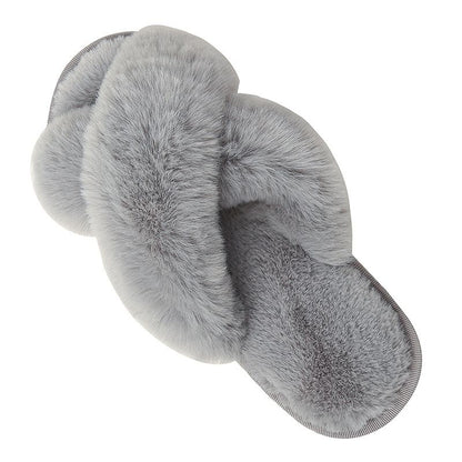 Cozy Winter Home Essentials Set - Grey 1 Pair Women's Plush Cross Band Faux Fur Slippers L Size & 2 Pairs Cute Teddy Bear Fuzzy Socks Set, Warm Indoor Lounge Gift Bundle with Non-Slip House Slides