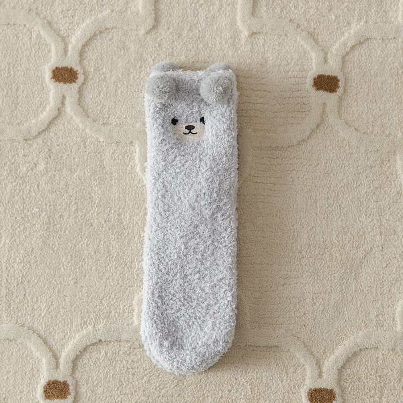 Cozy Winter Home Essentials Set - Grey 1 Pair Women's Plush Cross Band Faux Fur Slippers L Size & 2 Pairs Cute Teddy Bear Fuzzy Socks Set, Warm Indoor Lounge Gift Bundle with Non-Slip House Slides