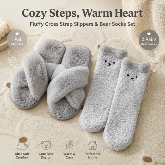 Cozy Winter Home Essentials Set - Grey 1 Pair Women's Plush Cross Band Faux Fur Slippers XL Size & 2 Pairs Cute Teddy Bear Fuzzy Socks Set, Warm Indoor Lounge Gift Bundle with Non-Slip House Slides