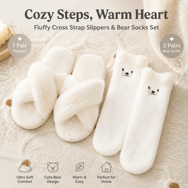 Cozy Winter Home Essentials Set - White 1 Pair Women's Plush Cross Band Faux Fur Slippers S Size & 2 Pairs Cute Teddy Bear Fuzzy Socks Set, Warm Indoor Lounge Gift Bundle with Non-Slip House Slides