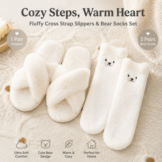 Cozy Winter Home Essentials Set - White 1 Pair Women's Plush Cross Band Faux Fur Slippers S Size & 2 Pairs Cute Teddy Bear Fuzzy Socks Set, Warm Indoor Lounge Gift Bundle with Non-Slip House Slides