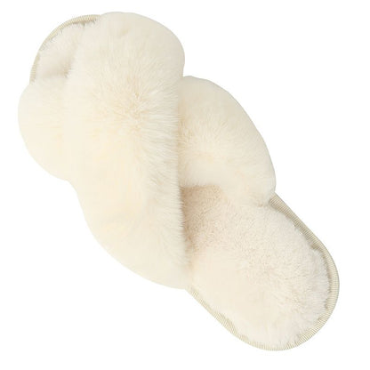 Cozy Winter Home Essentials Set - White 1 Pair Women's Plush Cross Band Faux Fur Slippers S Size & 2 Pairs Cute Teddy Bear Fuzzy Socks Set, Warm Indoor Lounge Gift Bundle with Non-Slip House Slides