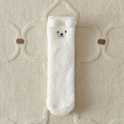 Cozy Winter Home Essentials Set - White 1 Pair Women's Plush Cross Band Faux Fur Slippers M Size & 2 Pairs Cute Teddy Bear Fuzzy Socks Set, Warm Indoor Lounge Gift Bundle with Non-Slip House Slides