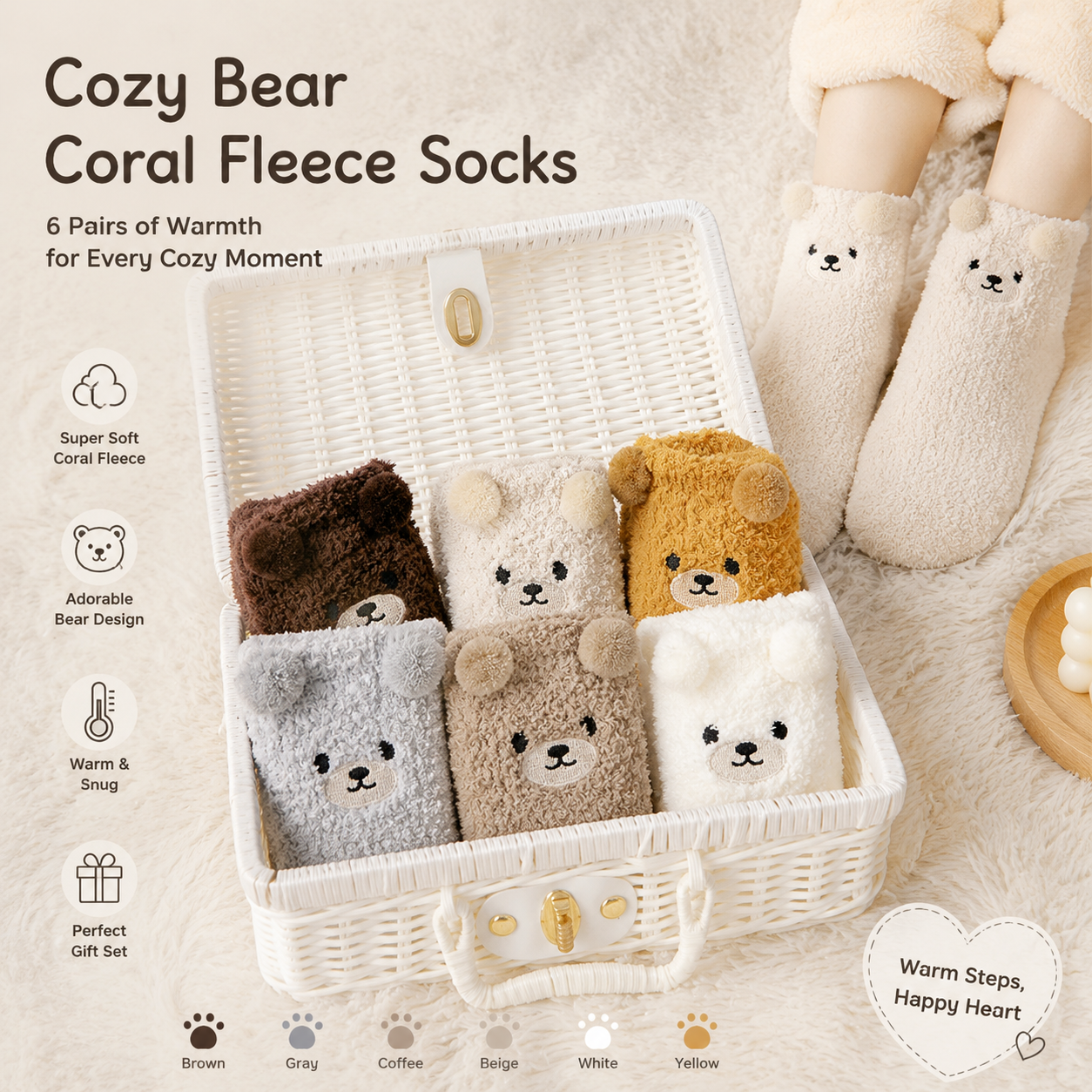 6 Pair Cute Teddy Bear Fuzzy Crew Socks Set, Coral Fleece Plush Winter Sleeping Socks, Thick Elastic Warm Cozy Floor Socks for Home Lounging and Cold Weather