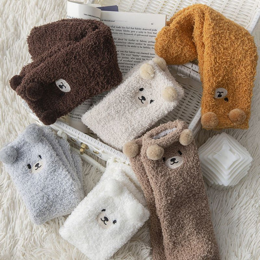 6 Pair Cute Teddy Bear Fuzzy Crew Socks Set, Coral Fleece Plush Winter Sleeping Socks, Thick Elastic Warm Cozy Floor Socks for Home Lounging and Cold Weather