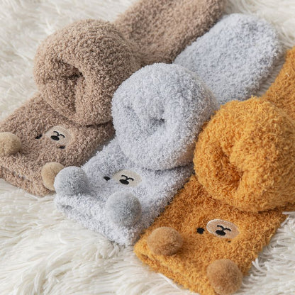 6 Pair Cute Teddy Bear Fuzzy Crew Socks Set, Coral Fleece Plush Winter Sleeping Socks, Thick Elastic Warm Cozy Floor Socks for Home Lounging and Cold Weather
