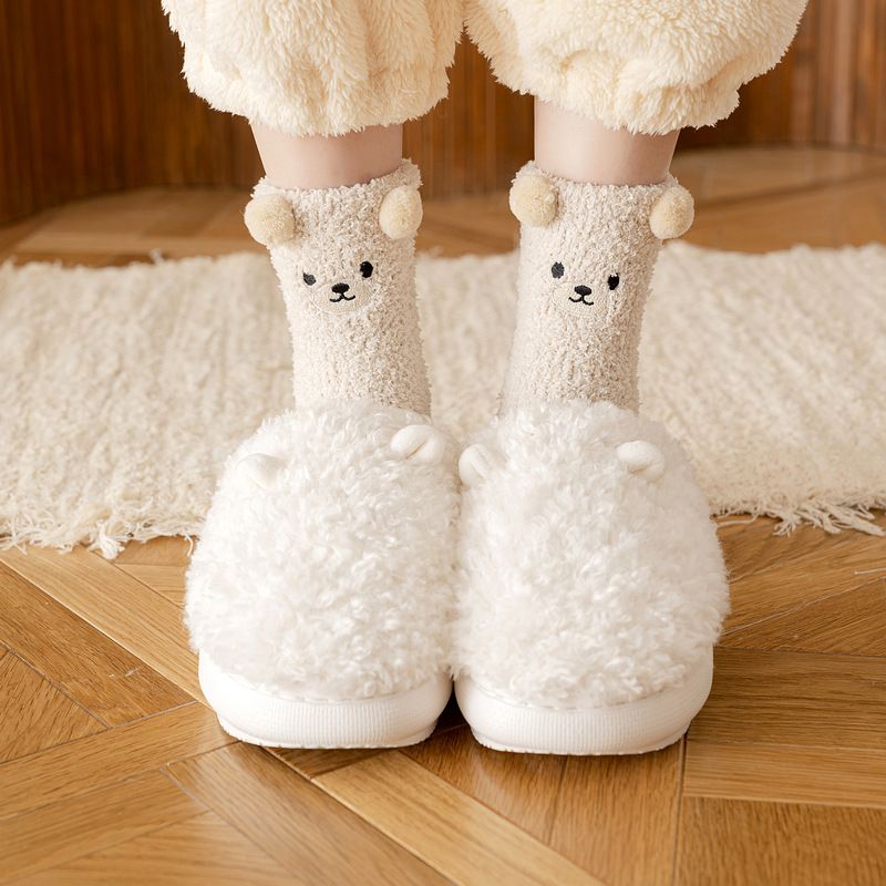 6 Pair Cute Teddy Bear Fuzzy Crew Socks Set, Coral Fleece Plush Winter Sleeping Socks, Thick Elastic Warm Cozy Floor Socks for Home Lounging and Cold Weather
