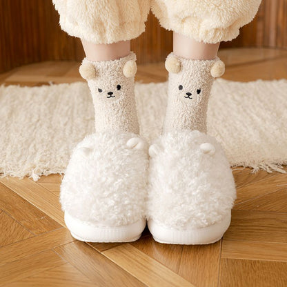 6 Pair Cute Teddy Bear Fuzzy Crew Socks Set, Coral Fleece Plush Winter Sleeping Socks, Thick Elastic Warm Cozy Floor Socks for Home Lounging and Cold Weather