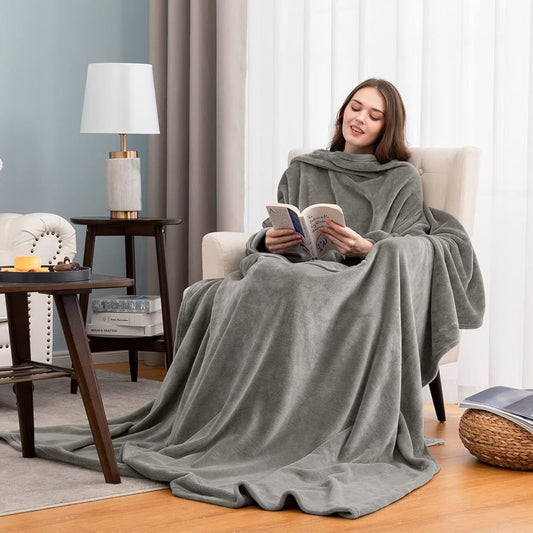 Dark Grey 180 x 120CM Extra Large Wearable Wrap Blanket with Sleeves and Large Pocket, Cozy Thickened Flannel Oversized TV Blanket Robe and Sofa Throw for Home Lounging