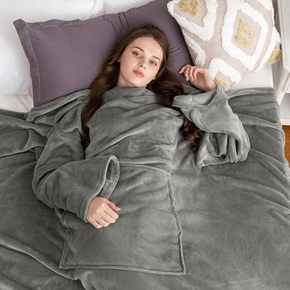 Dark Grey 180 x 120CM Extra Large Wearable Wrap Blanket with Sleeves and Large Pocket, Cozy Thickened Flannel Oversized TV Blanket Robe and Sofa Throw for Home Lounging