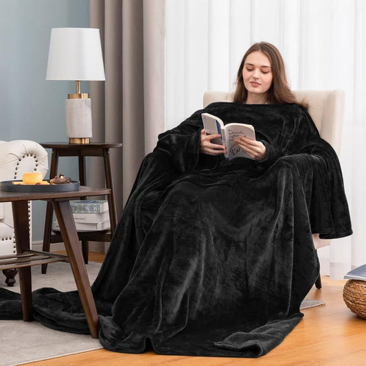 Black 180 x 120CM Extra Large Wearable Wrap Blanket with Sleeves and Large Pocket, Cozy Thickened Flannel Oversized TV Blanket Robe and Sofa Throw for Home Lounging
