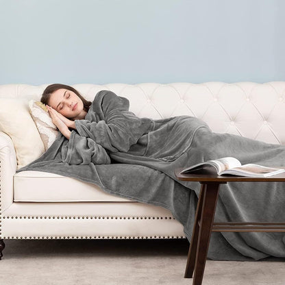 Black 180 x 120CM Extra Large Wearable Wrap Blanket with Sleeves and Large Pocket, Cozy Thickened Flannel Oversized TV Blanket Robe and Sofa Throw for Home Lounging
