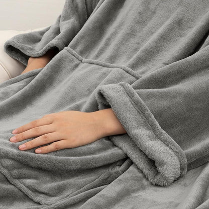 Black 180 x 120CM Extra Large Wearable Wrap Blanket with Sleeves and Large Pocket, Cozy Thickened Flannel Oversized TV Blanket Robe and Sofa Throw for Home Lounging