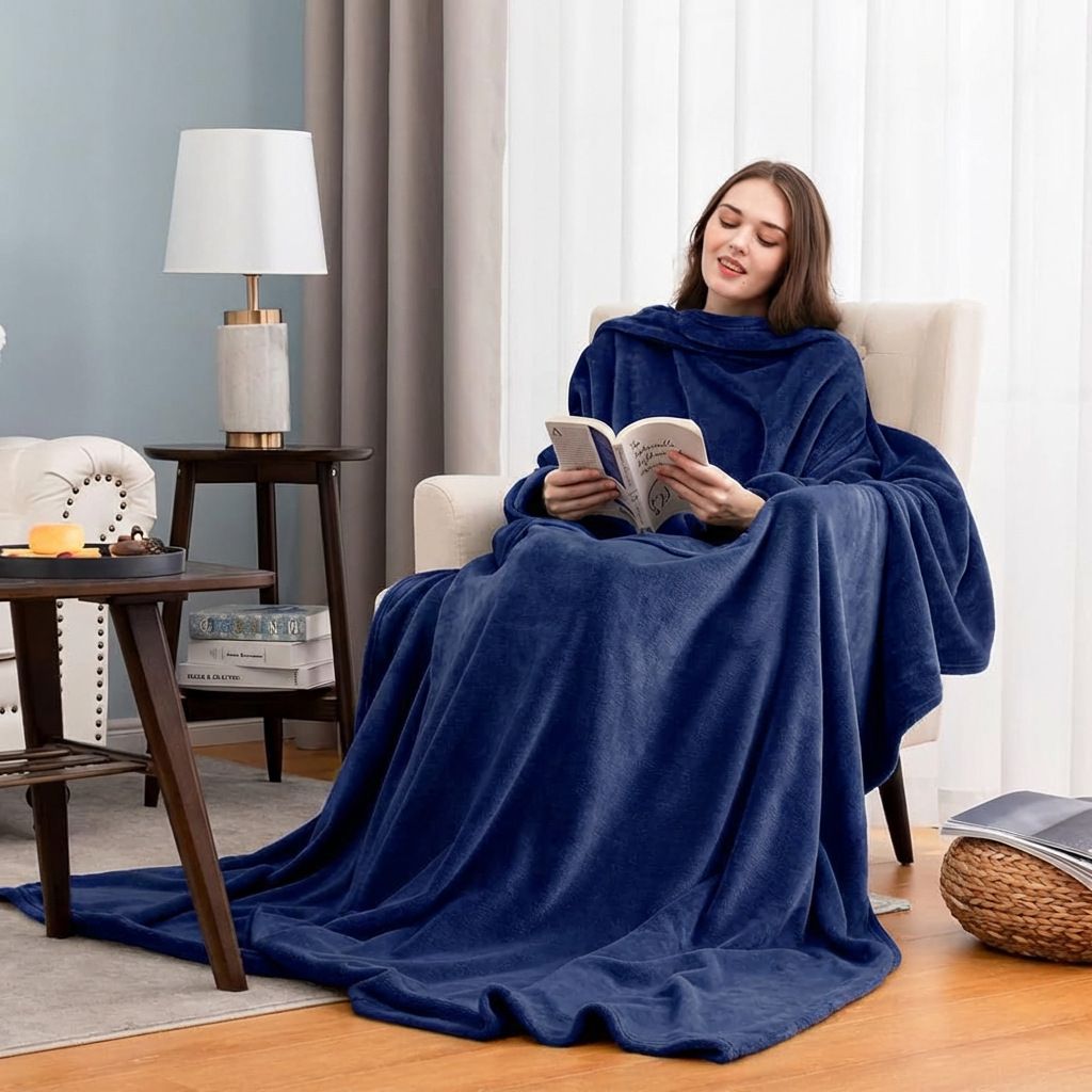 Blue 180 x 120CM Extra Large Wearable Wrap Blanket with Sleeves and Large Pocket, Cozy Thickened Flannel Oversized TV Blanket Robe and Sofa Throw for Home Lounging