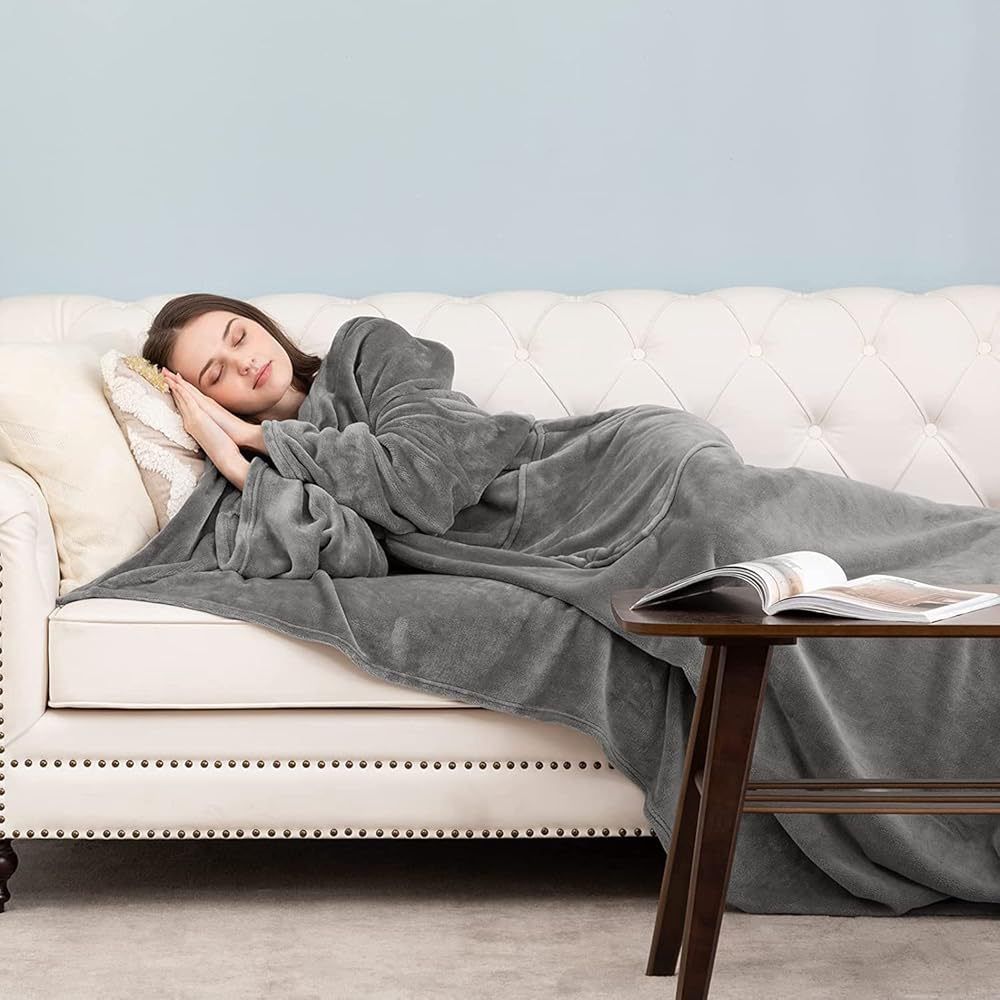 Blue 180 x 120CM Extra Large Wearable Wrap Blanket with Sleeves and Large Pocket, Cozy Thickened Flannel Oversized TV Blanket Robe and Sofa Throw for Home Lounging