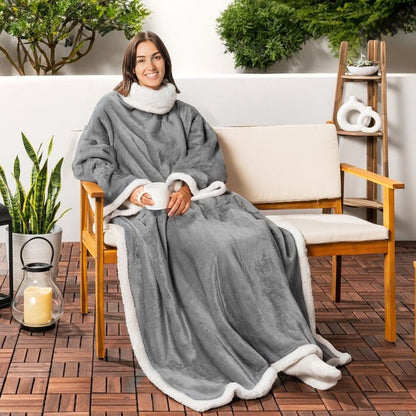Grey 180 x 120CM Extra Large Wearable Wrap Blanket with Sleeves and Large Pocket, Cozy Thickened Composed Flannel Sherpa Fleece Oversized TV Blanket Robe and Sofa Throw for Home Lounging