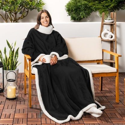 Black 180 x 120CM Extra Large Wearable Wrap Blanket with Sleeves and Large Pocket, Cozy Thickened Composed Flannel Sherpa Fleece Oversized TV Blanket Robe and Sofa Throw for Home Lounging