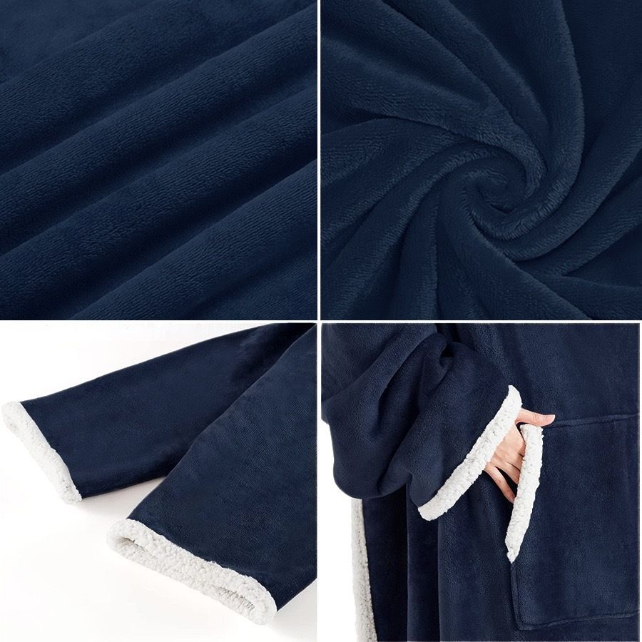 Black 180 x 120CM Extra Large Wearable Wrap Blanket with Sleeves and Large Pocket, Cozy Thickened Composed Flannel Sherpa Fleece Oversized TV Blanket Robe and Sofa Throw for Home Lounging