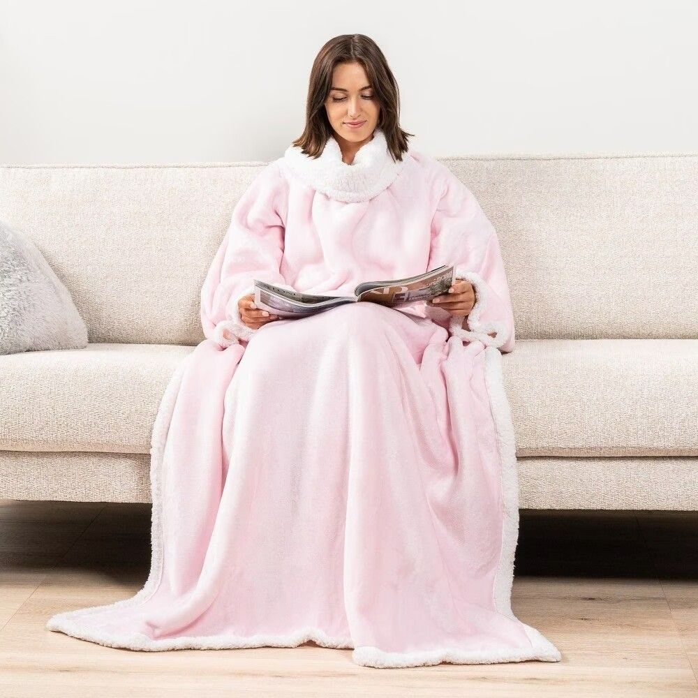 Pink 180 x 120CM Extra Large Wearable Wrap Blanket with Sleeves and Large Pocket, Cozy Thickened Composed Flannel Sherpa Fleece Oversized TV Blanket Robe and Sofa Throw for Home Lounging