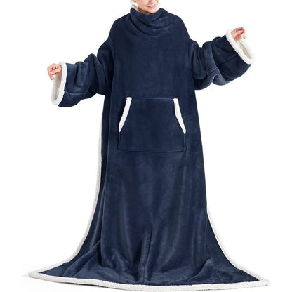 Blue 180 x 120CM Extra Large Wearable Wrap Blanket with Sleeves and Large Pocket, Cozy Thickened Composed Flannel Sherpa Fleece Oversized TV Blanket Robe and Sofa Throw for Home Lounging