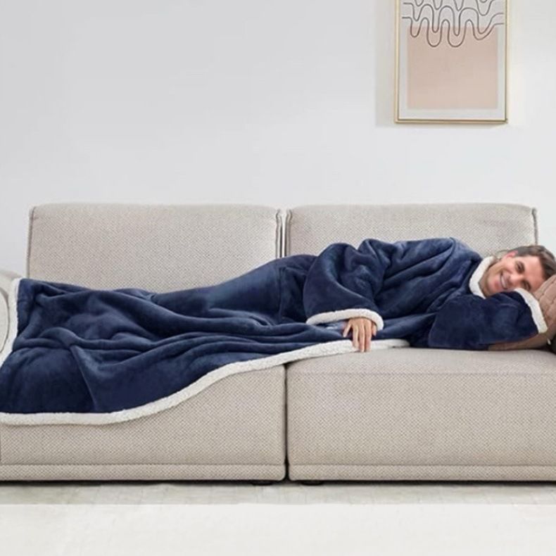 Blue 180 x 120CM Extra Large Wearable Wrap Blanket with Sleeves and Large Pocket, Cozy Thickened Composed Flannel Sherpa Fleece Oversized TV Blanket Robe and Sofa Throw for Home Lounging
