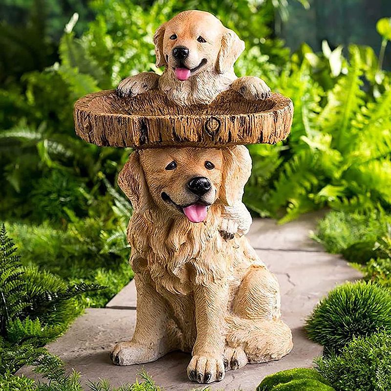 Resin Bird Bath Feeder Garden Ornament with Dog Design – Tree Stump Decorative Outdoor Bird Feeder for Patio, Lawn & Yard