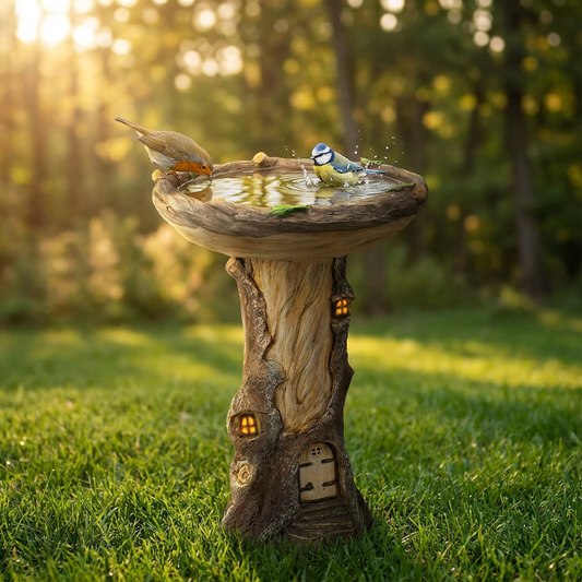 Resin Bird Bath Feeder Garden Ornament with Tree House Design – Tree Stump Decorative Outdoor Bird Feeder for Patio, Lawn & Yard
