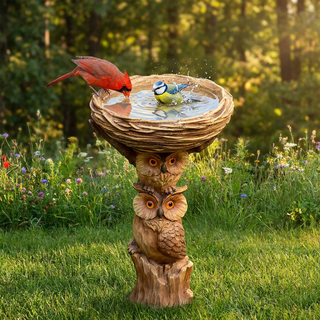 Resin Bird Bath Feeder Garden Ornament with Owl Design – Tree Stump Decorative Outdoor Bird Feeder for Patio, Lawn & Yard