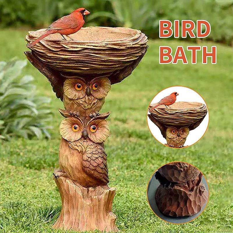 Resin Bird Bath Feeder Garden Ornament with Owl Design – Tree Stump Decorative Outdoor Bird Feeder for Patio, Lawn & Yard