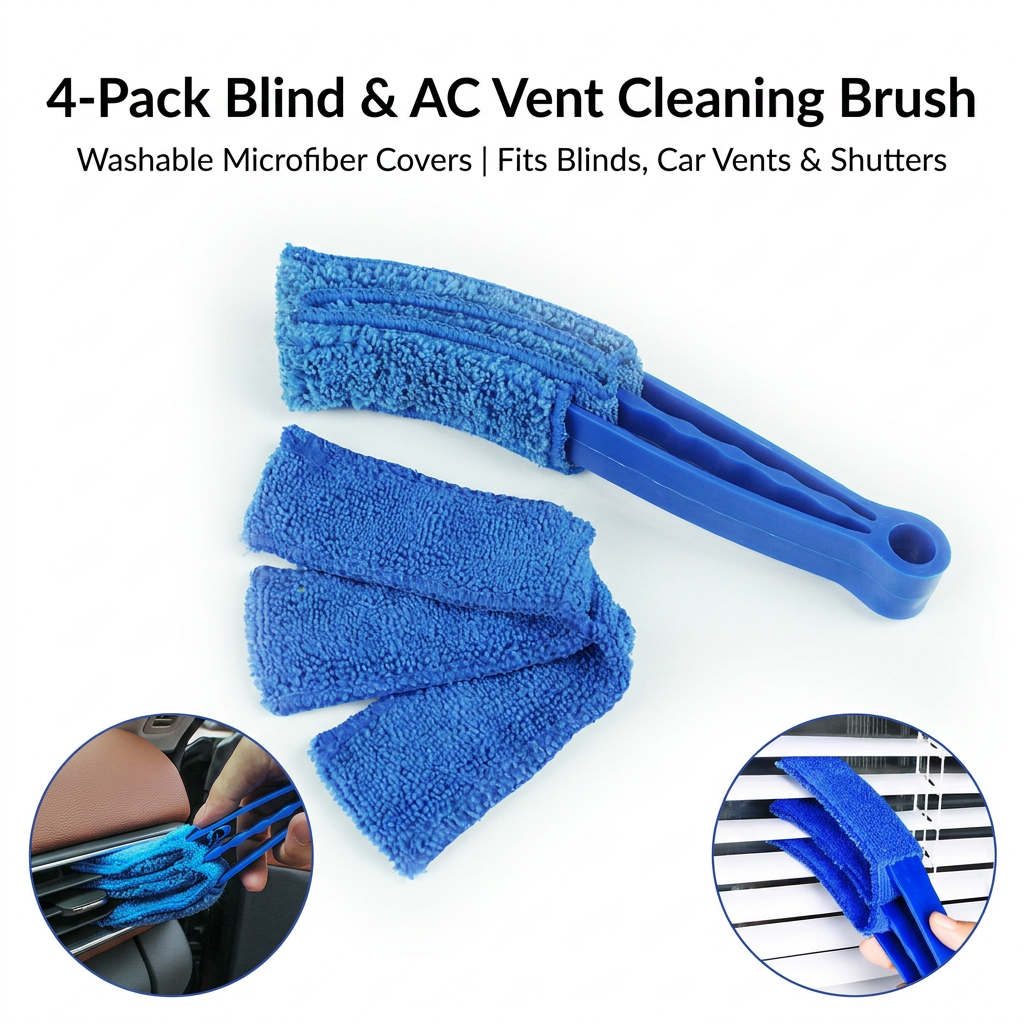 4 Pack Blue Shutter and Car AC Vent Cleaner Brush with Washable Microfiber Cleaning Cloth – Reusable Window Blind Dust Remover for Air Vent, Car AC Vent, Fan & Narrow Gap