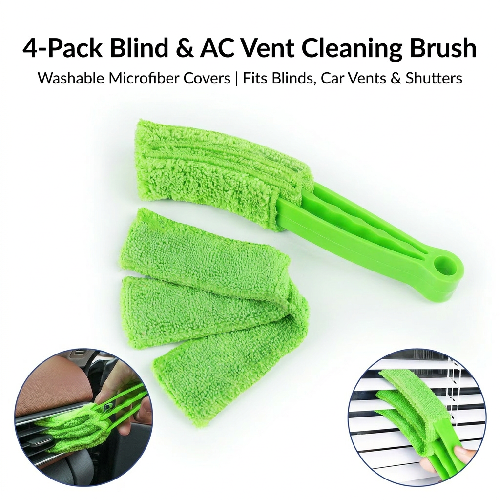 4 Pack Green Shutter and Car AC Vent Cleaner Brush with Washable Microfiber Cleaning Cloth – Reusable Window Blind Dust Remover for Air Vent, Car AC Vent, Fan & Narrow Gap