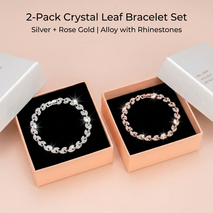 2 Pack Silver and Rose Gold Women's Crystal Leaf Bracelets with Gift Box â€“ Elegant Rhinestone Alloy Link Bracelet, Minimalist Fashion Jewelry Gift for Women