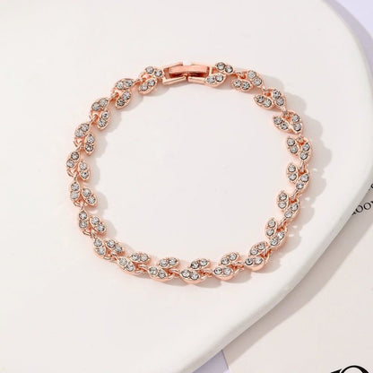 2 Pack Silver and Rose Gold Women's Crystal Leaf Bracelets with Gift Box â€“ Elegant Rhinestone Alloy Link Bracelet, Minimalist Fashion Jewelry Gift for Women
