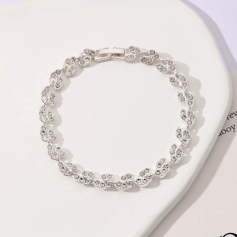 2 Pack Silver and Rose Gold Women's Crystal Leaf Bracelets with Gift Box â€“ Elegant Rhinestone Alloy Link Bracelet, Minimalist Fashion Jewelry Gift for Women