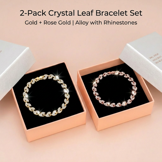 2 Pack Gold and Rose Gold Women's Crystal Leaf Bracelets with Gift Box â€“ Elegant Rhinestone Alloy Link Bracelet, Minimalist Fashion Jewelry Gift for Women