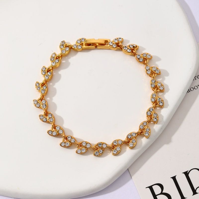 2 Pack Gold and Rose Gold Women's Crystal Leaf Bracelets with Gift Box â€“ Elegant Rhinestone Alloy Link Bracelet, Minimalist Fashion Jewelry Gift for Women