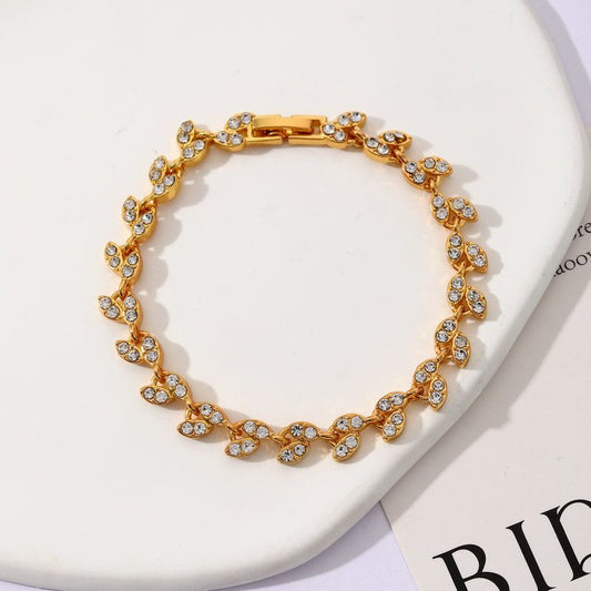 2 Pack Gold and Rose Gold Women's Crystal Leaf Bracelets with Gift Box â€“ Elegant Rhinestone Alloy Link Bracelet, Minimalist Fashion Jewelry Gift for Women